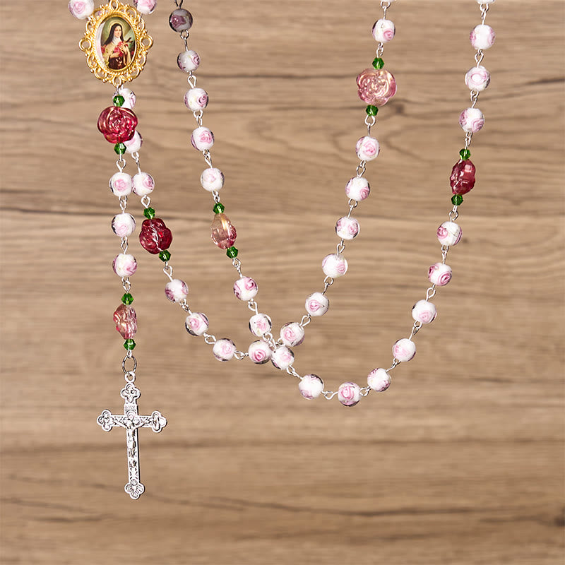 Christianartworkshop St. Therese Medal & Crucifix of 8mm Rose & Ivory Floral Elegance Rosary—Embrace the Grace and Beauty of Faith - image 7