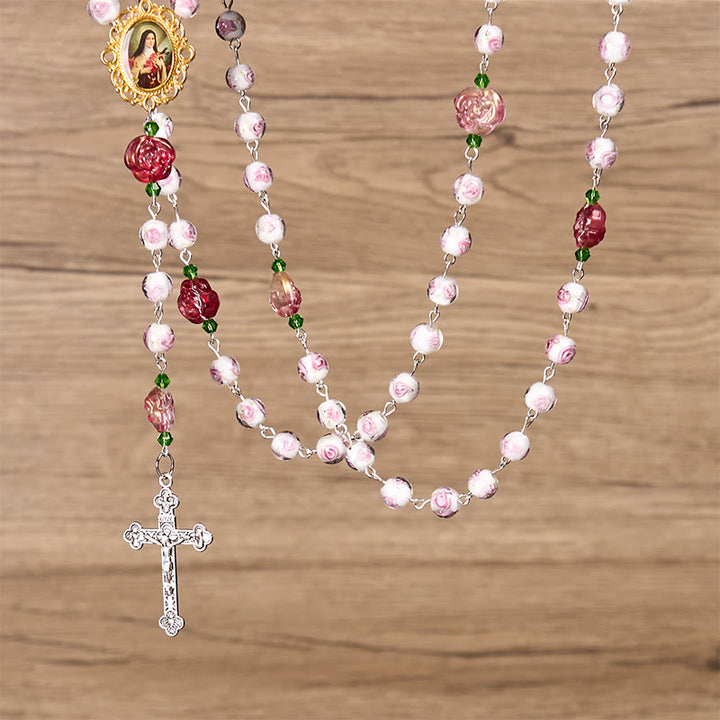 Christianartworkshop St. Therese Medal & Crucifix of 8mm Rose & Ivory Floral Elegance Rosary—Embrace the Grace and Beauty of Faith