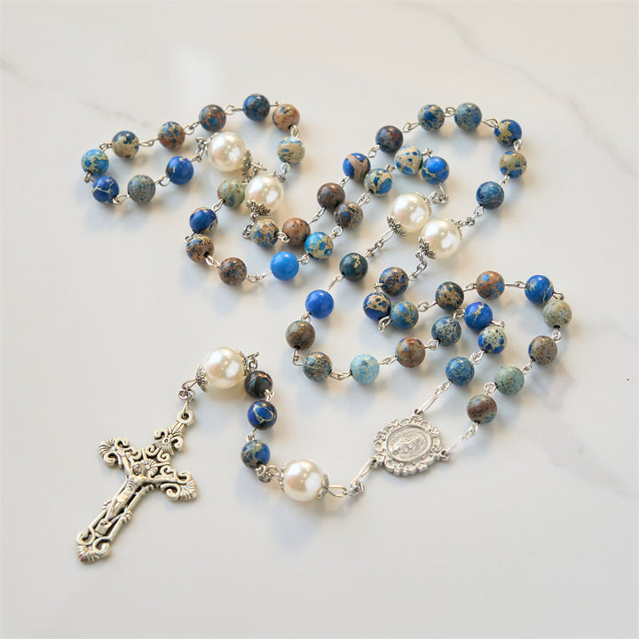 Christianartworkshop Miraculous Medal & Crucifix of 8mm Deep Blue Imperial Stone Handmade Rosary for Daily Pray