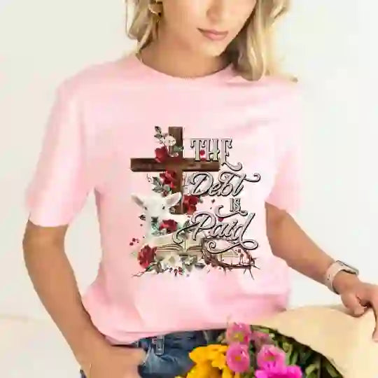 Christianartworkshop The Debt Is Paid Floral Cross Easter T-Shirt