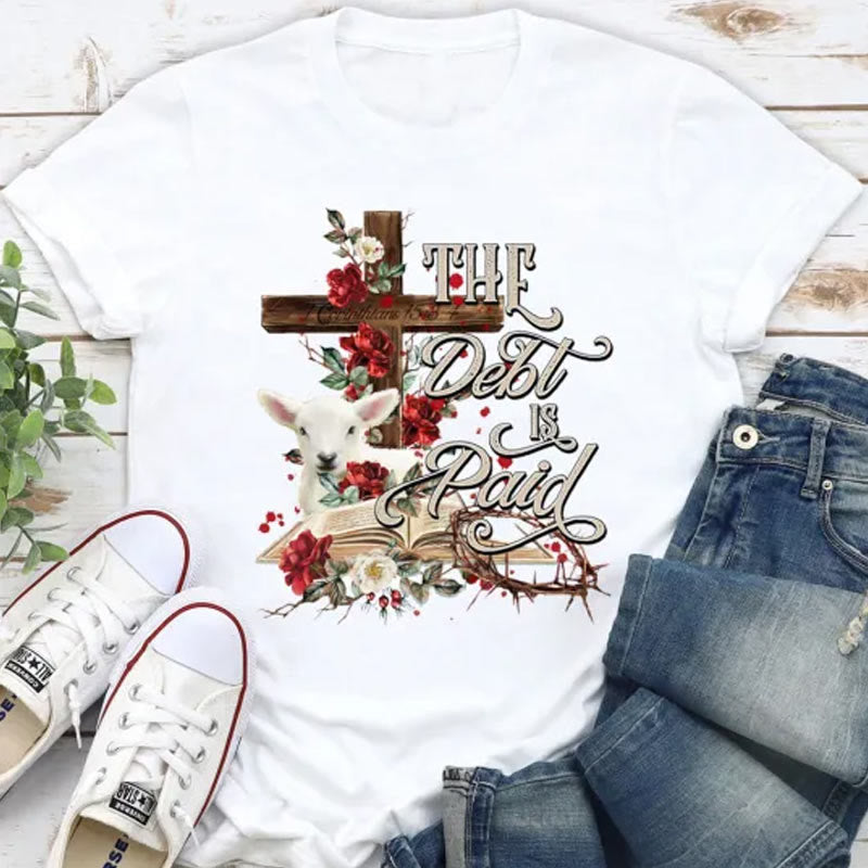 Christianartworkshop The Debt Is Paid Floral Cross Easter T-Shirt