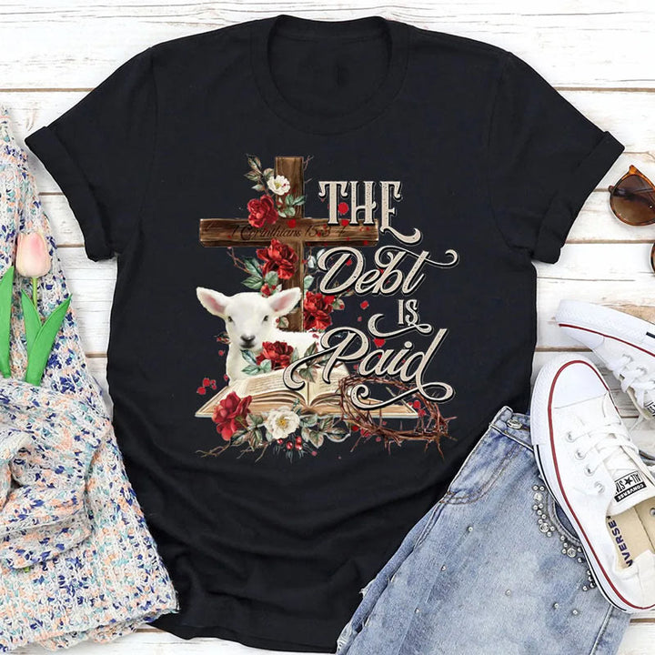 Christianartworkshop The Debt Is Paid Floral Cross Easter T-Shirt