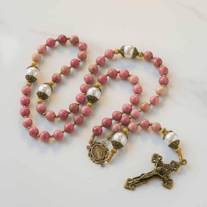 Christianartworkshop Miraculous Medal & Crucifix of 8mm Natural Red Wood Vein Stone Handmade Rosary Beads