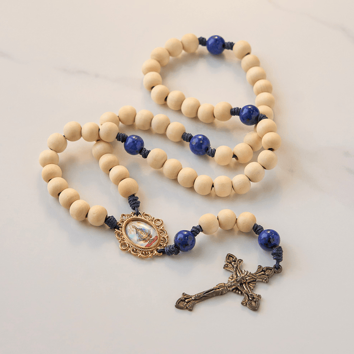 Christianartworkshop Our Lady & Crucifix of 10mm Handmade Wooden Beads Lapis Lazuli Our Father Beads Rosary