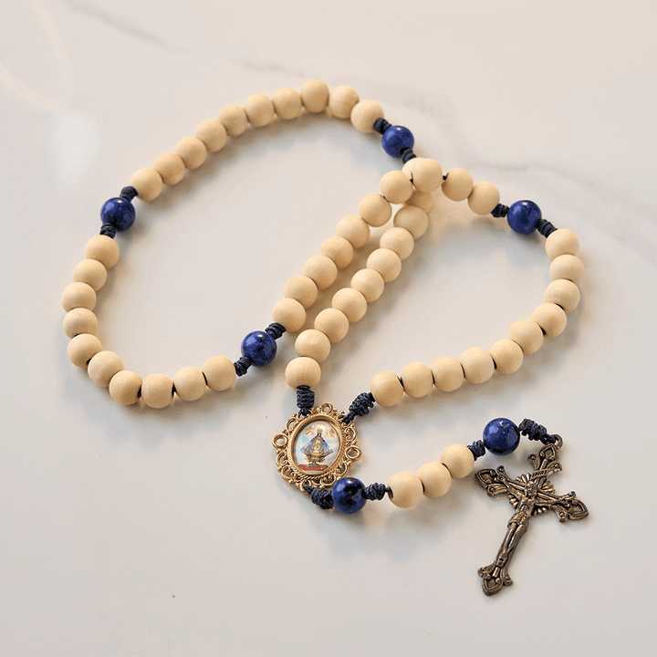 Christianartworkshop Our Lady & Crucifix of 10mm Handmade Wooden Beads Lapis Lazuli Our Father Beads Rosary