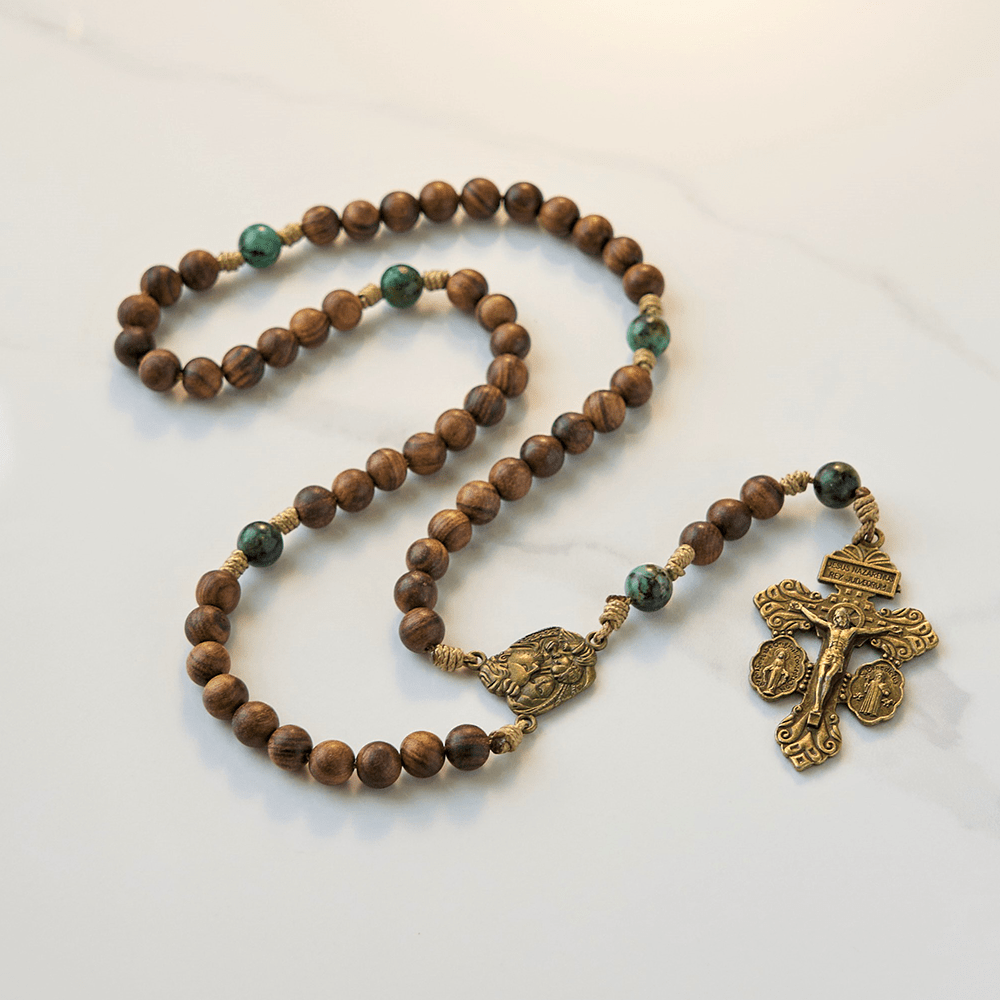 Christianartworkshop Holy Family & Crucifix of 8mm Pine Wood & African Turquoise Handmade Rosary