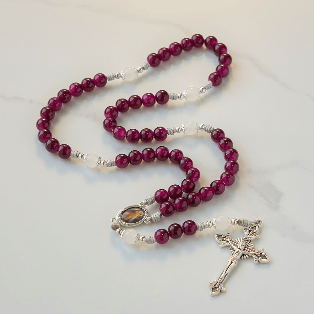 Divine Mercy & Crucifix of 8mm Handmade Garnet Chalcedony Rosary - Handmade Divine Beads - image 1