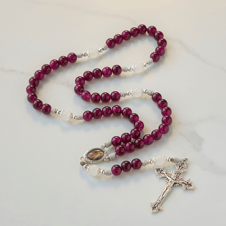 Divine Mercy & Crucifix of 8mm Handmade Garnet Chalcedony Rosary - Handmade Divine Beads - image 1