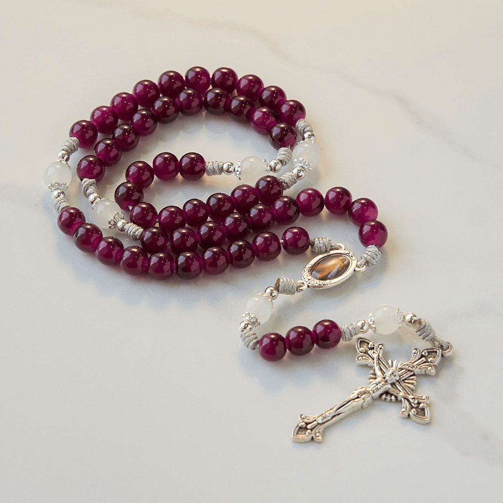 Divine Mercy & Crucifix of 8mm Handmade Garnet Chalcedony Rosary - Handmade Divine Beads - Garnet Chalcedony - image 0