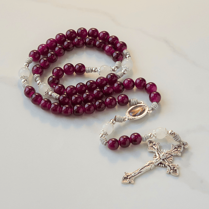 Divine Mercy & Crucifix of 8mm Handmade Garnet Chalcedony Rosary - Handmade Divine Beads - Garnet Chalcedony - image 0