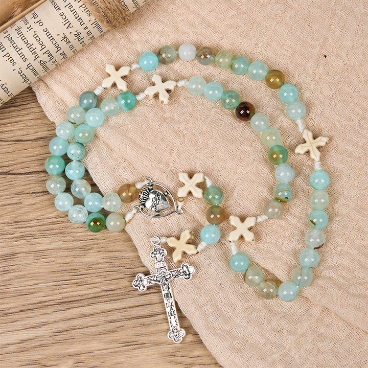 Christianartworkshop Serenity in Prayer Rosary: Handmade Peace and Devotion with 8mm Sky-blue Pattern Agate Beads