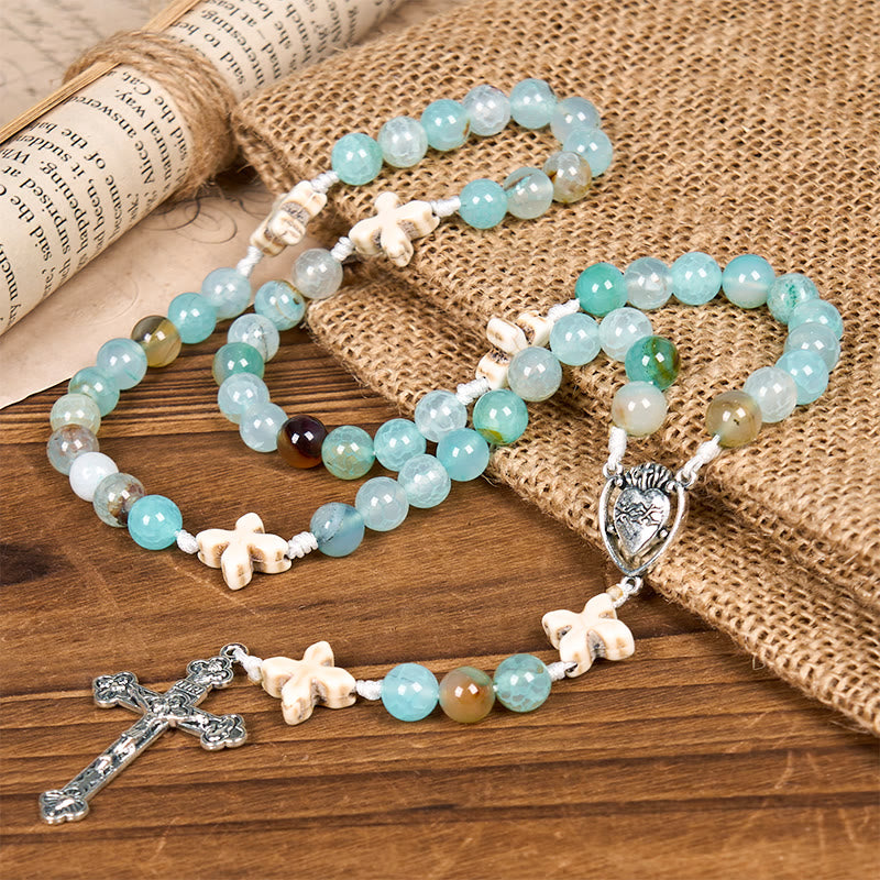 Christianartworkshop Serenity in Prayer Rosary: Handmade Peace and Devotion with 8mm Sky-blue Pattern Agate Beads