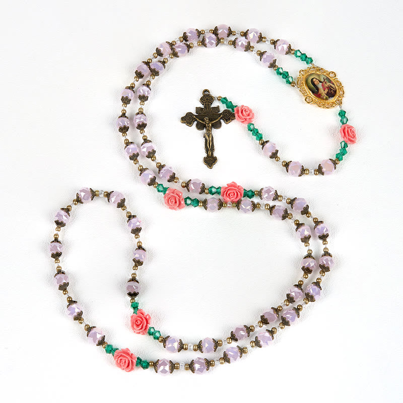 Christianartworkshop Handmade Floral Crystal Rosary: Light Pink Beads Blossom of Grace Elegance and Devotion