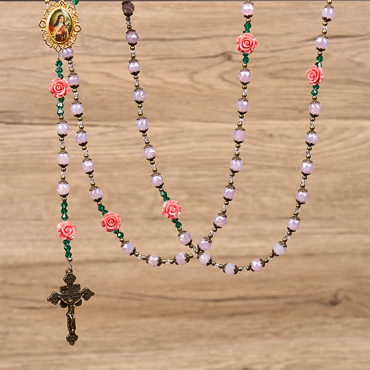 Christianartworkshop Handmade Floral Crystal Rosary: Light Pink Beads Blossom of Grace Elegance and Devotion