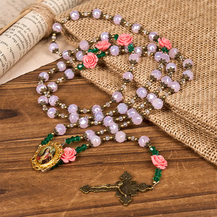 Christianartworkshop Handmade Floral Crystal Rosary: Light Pink Beads Blossom of Grace Elegance and Devotion
