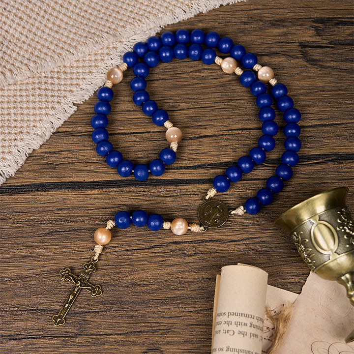 Christianartworkshop Handmade Blue Wooden Rosary: Ocean of Faith Simplicity and Sacredness 10mm Beads