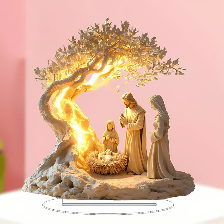 Christianartworkshop Glowing Desktop Ornament of the Nativity Scene of Jesus: The Holy Birth under the Sacred Tree