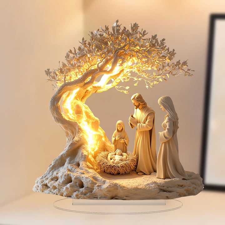 Christianartworkshop Glowing Desktop Ornament of the Nativity Scene of Jesus: The Holy Birth under the Sacred Tree