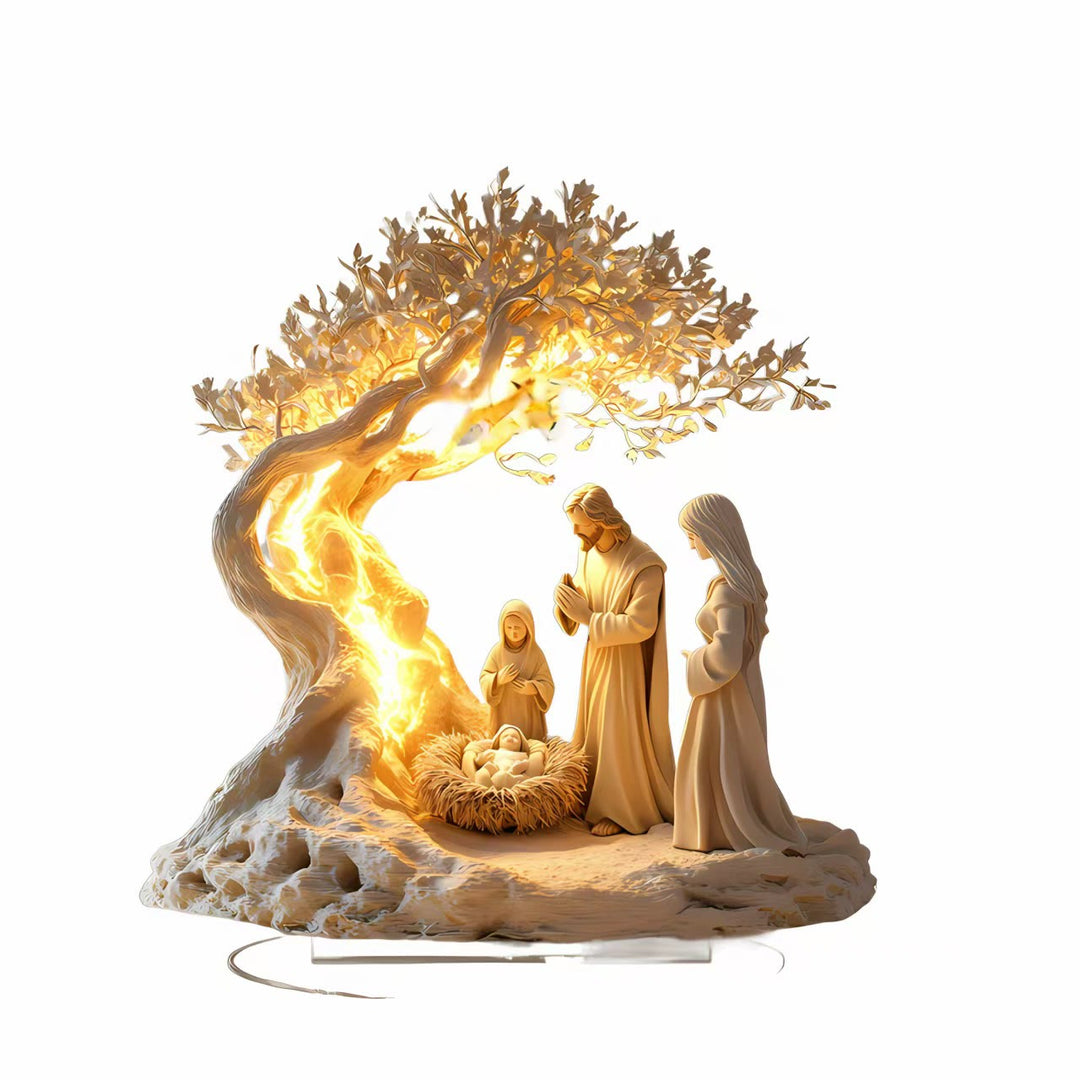 Christianartworkshop Glowing Desktop Ornament of the Nativity Scene of Jesus: The Holy Birth under the Sacred Tree