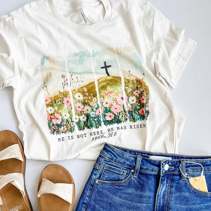 Christianartworkshop He Has Risen Faith-Inspired Floral Cross T-Shirt - Apricot - 2XL - image 0