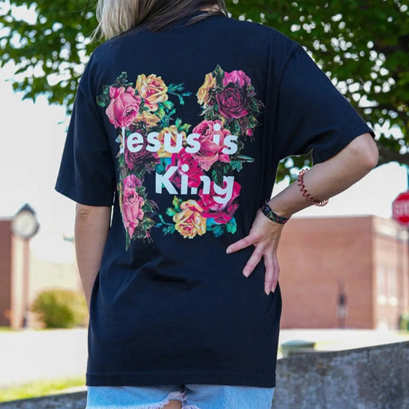 Christianartworkshop Floral Embellished Jesus is King Christian T-Shirt  - image 4