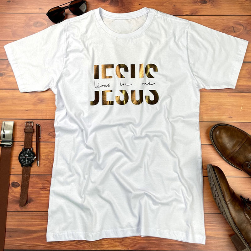 Christianartworkshop Glamorous Faith Jesus Lives in Me Gold Text Christian T-Shirt - White - 2XL - image 7
