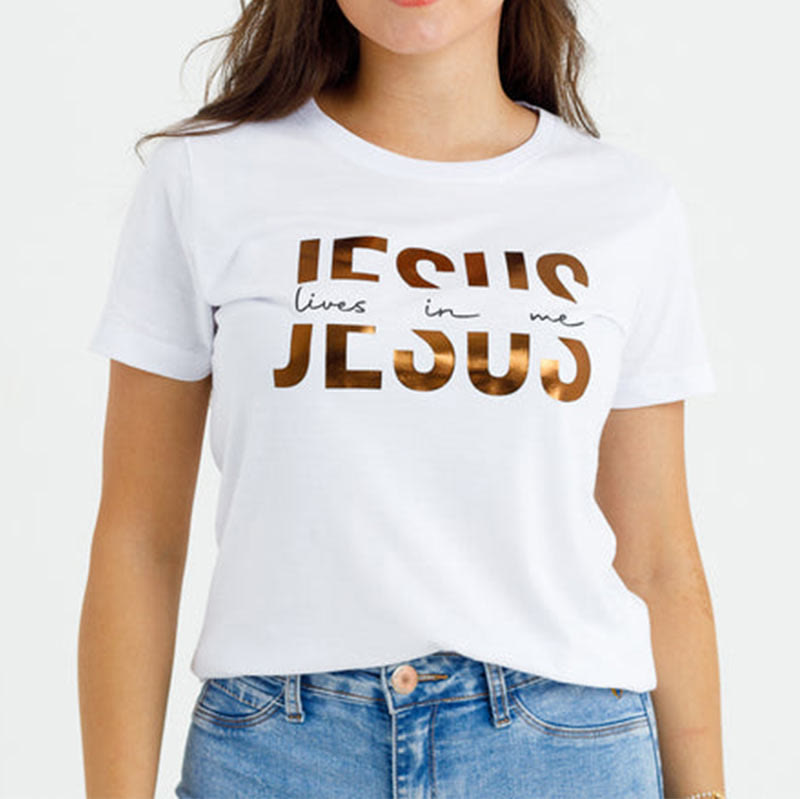 Christianartworkshop Glamorous Faith Jesus Lives in Me Gold Text Christian T-Shirt - image 10