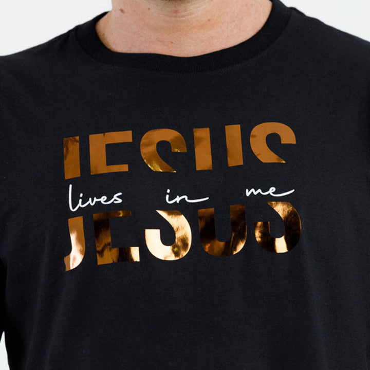 Christianartworkshop Glamorous Faith Jesus Lives in Me Gold Text Christian T-Shirt - image 4