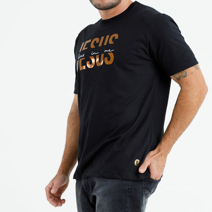 Christianartworkshop Glamorous Faith Jesus Lives in Me Gold Text Christian T-Shirt - image 6