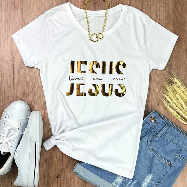 Christianartworkshop Glamorous Faith Jesus Lives in Me Gold Text Christian T-Shirt - image 8