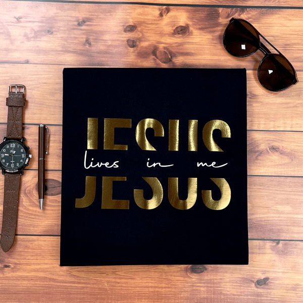 Christianartworkshop Glamorous Faith Jesus Lives in Me Gold Text Christian T-Shirt - image 2