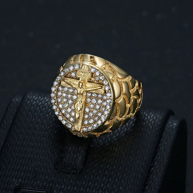 Christianartworkshop Adorn Your Faith: The Divine Golden Pattern Gemstones Crucifix Ring - image 1