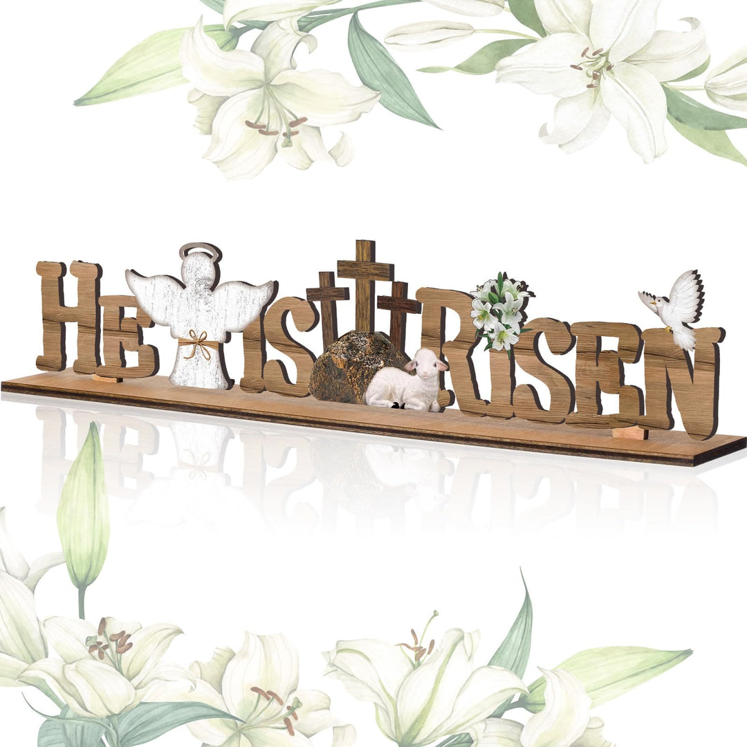 Christianartworkshop "He Is Risen" & Lamb & Angel & Dove Wooden Easter Dekstop Decor Ornament