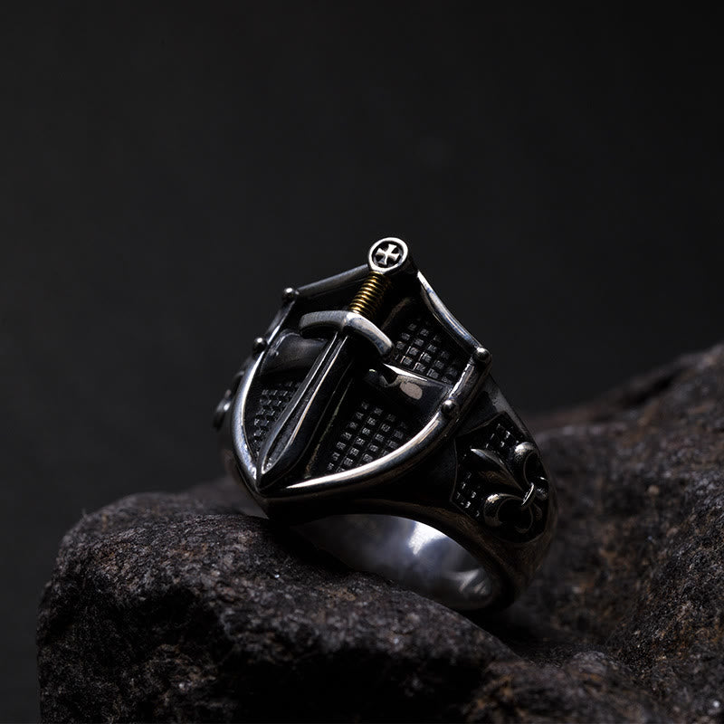 Christianartworkshop The Immortal Faith Shield&Sword&Iris Ring: A Symbol of Faith and Fortitude - Adjustable - image 0