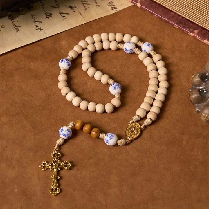 Christianartworkshop Handmade Wooden Ceramics Beads Miraculous Medal & Crucifix Rosary