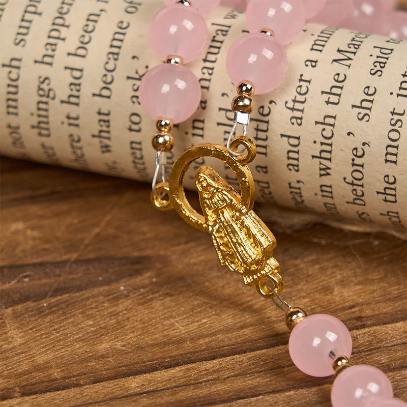 Christianartworkshop PRAYERFUL FAITH: Handmade Pink Chalcedony & Porcelain Golden Sand Beads Rosary - image 8