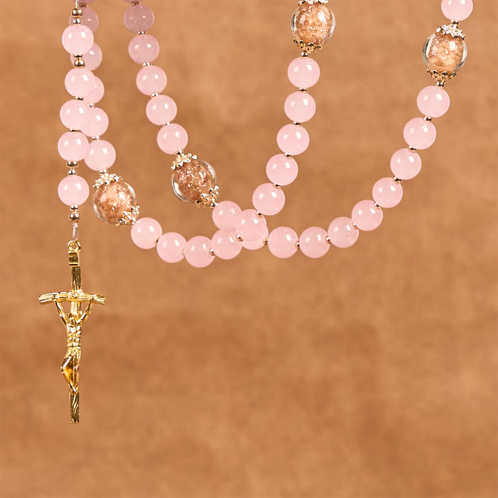 Christianartworkshop PRAYERFUL FAITH: Handmade Pink Chalcedony & Porcelain Golden Sand Beads Rosary - image 10