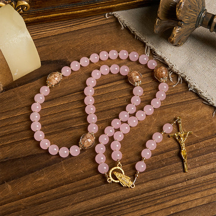 Christianartworkshop Handmade Pink Chalcedony & Porcelain Golden Sand Our Father Beads Prayer Rosary - image 2