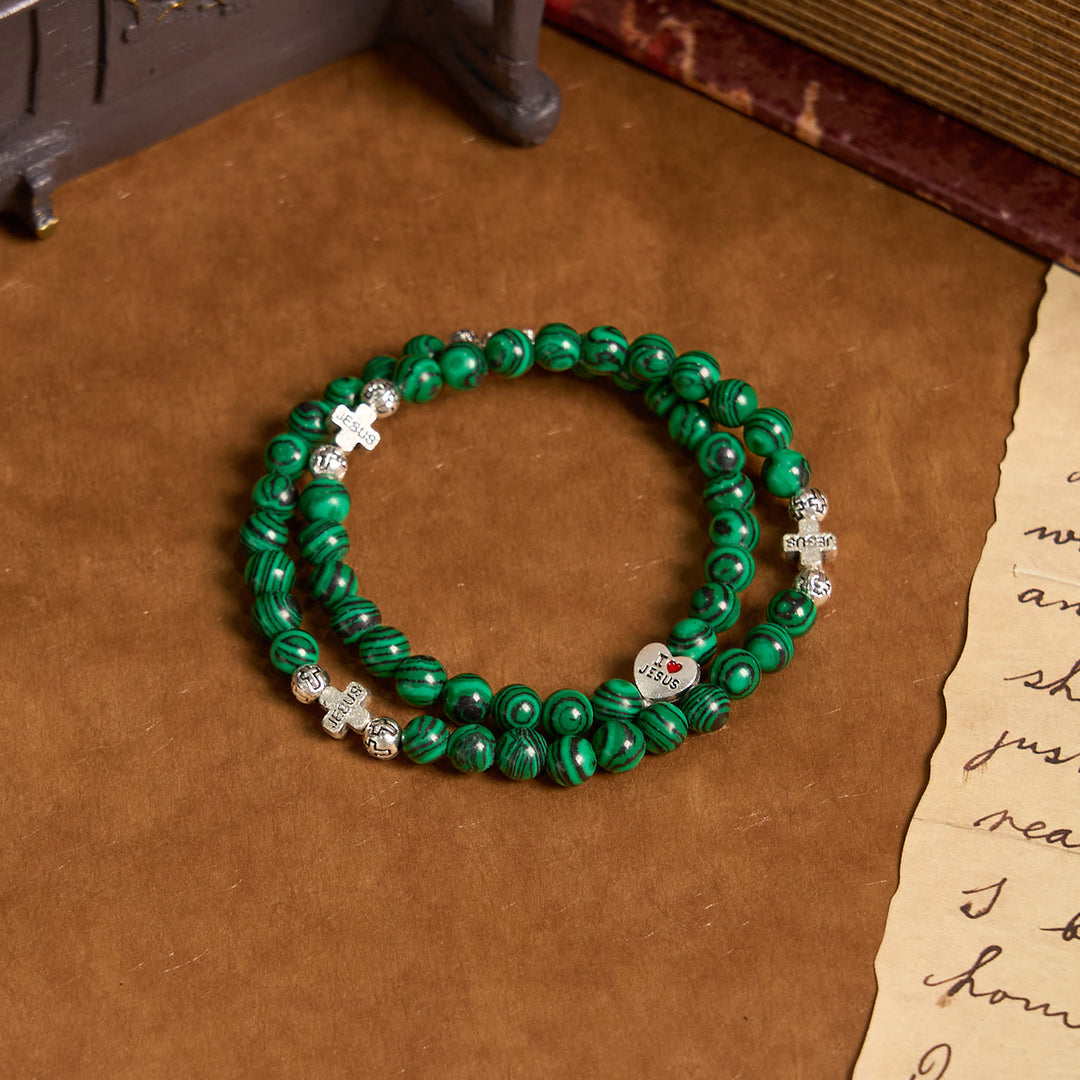 Christianartworkshop Green Malachite Beads Cross I Love Jesus Faith Rosary Bracelet - image 2