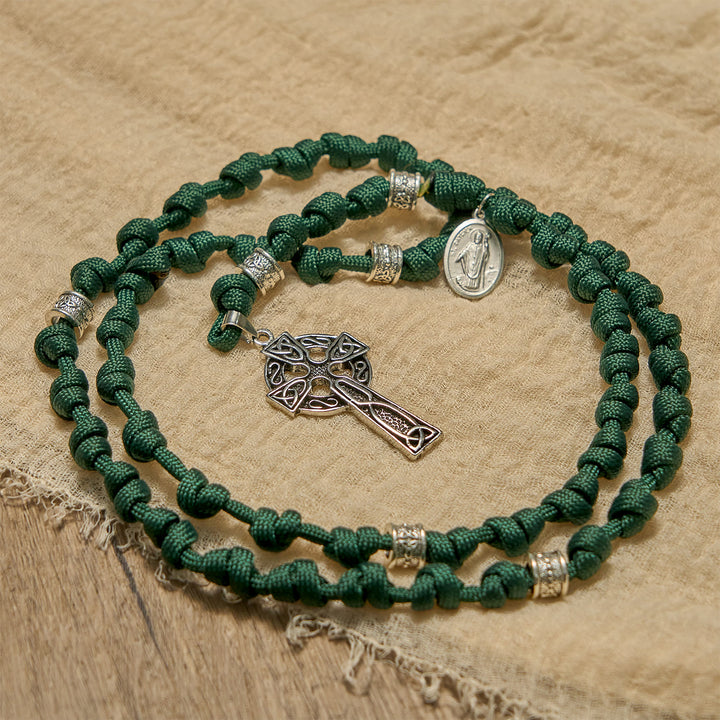 Christianartworkshop St. Patrick Medal Dark Green Celtic Style Cross Handmade Inspired Paracord Knotted Rosary