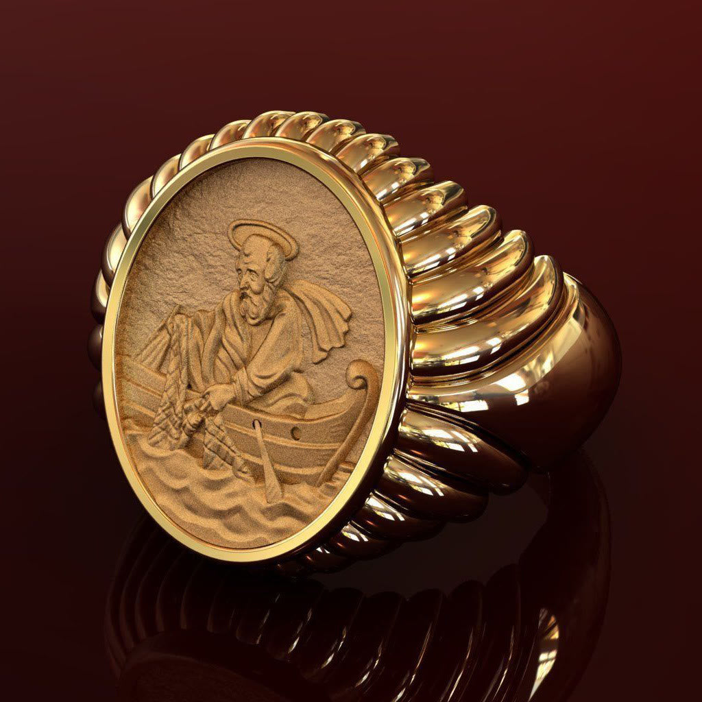 Christianartworkshop Fisherman Apostle's Legacy Ring: A Symbol of Faith and Devotion - Golden - UK Size T1/2（US 10） - image 0