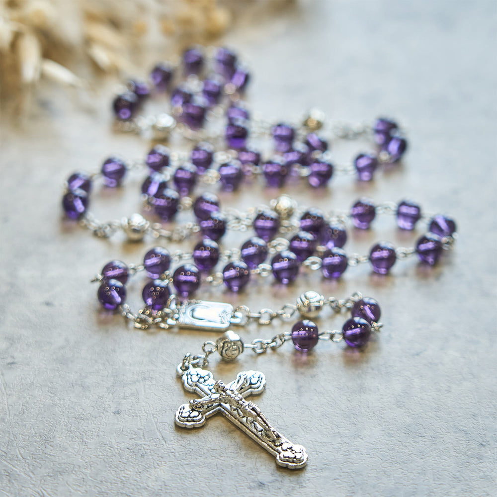 Christianartworkshop Clear Purple Glass Beads Devotion Rosary with Rose Our Father Beads - image 1