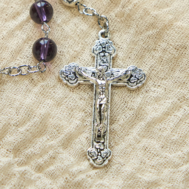 Christianartworkshop Clear Purple Glass Beads Devotion Rosary with Rose Our Father Beads - image 4