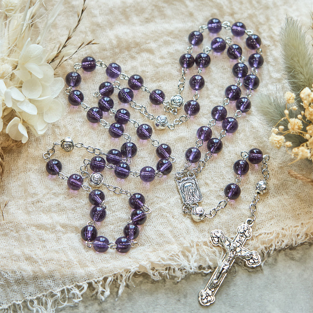 Christianartworkshop Clear Purple Glass Beads Devotion Rosary with Rose Our Father Beads - Clear Purple Beads - image 0