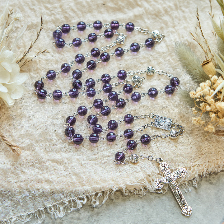 Christianartworkshop Clear Purple Glass Beads Devotion Rosary with Rose Our Father Beads - image 6