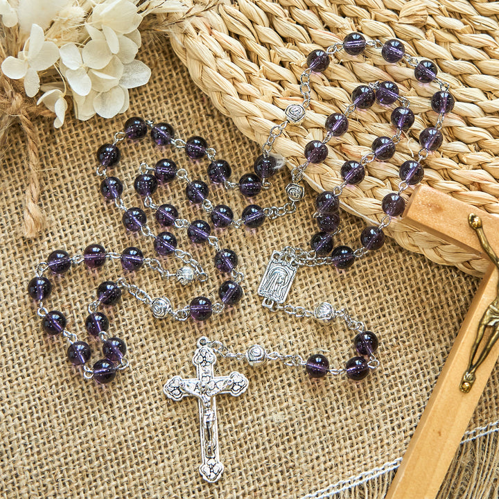 Christianartworkshop Clear Purple Glass Beads Devotion Rosary with Rose Our Father Beads - image 3
