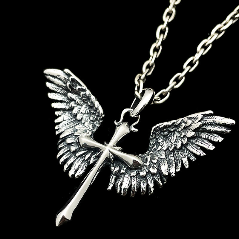 Christianartworkshop 925 Sterling Silver Vintage & Classic Cross Wings Necklace: A Blend of Retro Charm and Divine Grace - 925 Sterling Silver - image 1