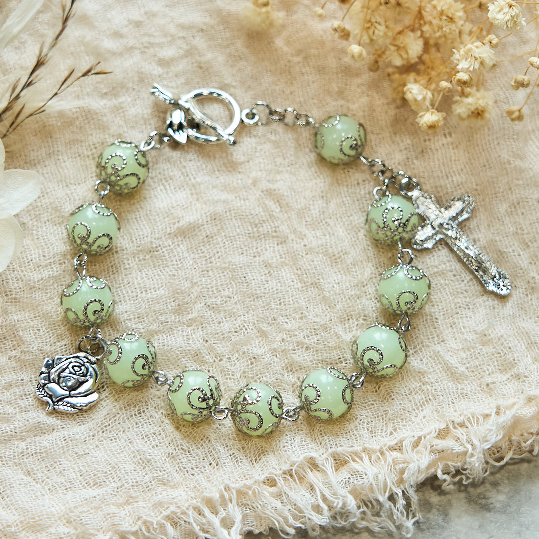 Christianartworkshop Green Beads Crucifix Rose Luminous Bracelet: Dreamy Light of Faith - image 3