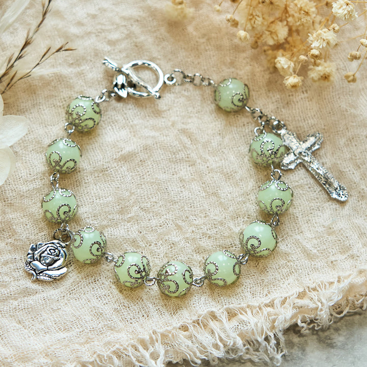 Christianartworkshop Green Beads Crucifix Rose Luminous Bracelet: Dreamy Light of Faith - image 3