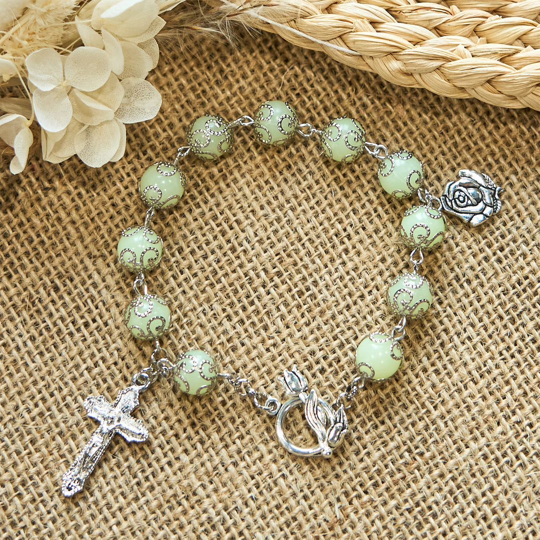 Christianartworkshop Green Beads Crucifix Rose Luminous Bracelet: Dreamy Light of Faith - image 1